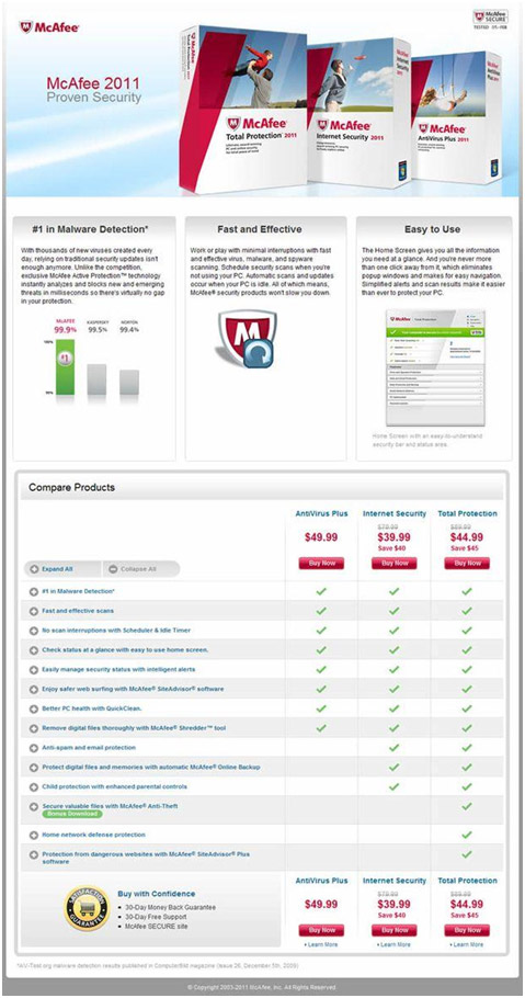 Одностраничный сайт компании McAfee (Landing Page)